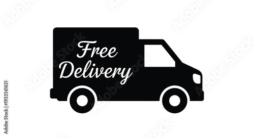 Black silhouette of a delivery truck prominently displaying stylized white script text advertising free shipping services against a white background.