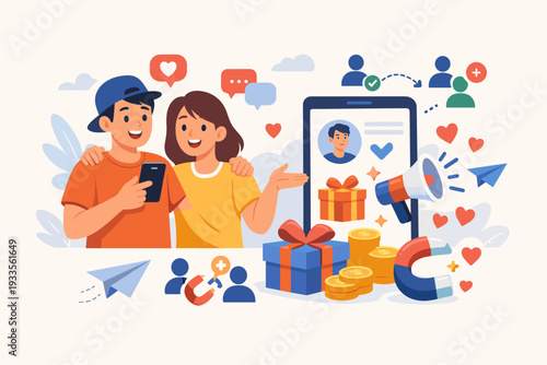 Refer a Friend Concept Illustration with a Young Couple Using a Smartphone for Social Media Marketing, Referral Program Rewards, Gift Boxes, Coins, and Magnet for Customer Loyalty and Growth.