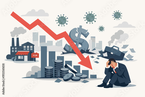 Global economic recession and stock market plunge due to coronavirus COVID-19 pandemic outbreak with businessman in despair, financial crisis, market crash, business bankruptcy, and unemployment.