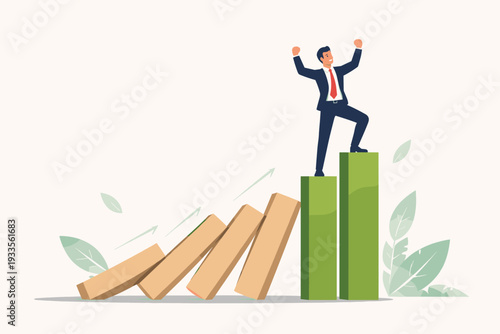 Successful Businessman Standing on Rising Bar Graph Stopping Domino Effect of Falling Blocks, Concept of Business Resilience, Market Stability, Leadership, Financial Growth, and Winning Strategy.