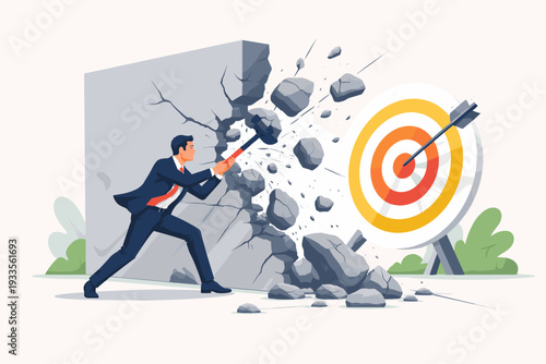 Businessman in a Suit Breaking Through a Concrete Wall with a Sledgehammer to Reach a Bullseye Target, Concept of Overcoming Obstacles, Achieving Business Goals, Success, and Determination.