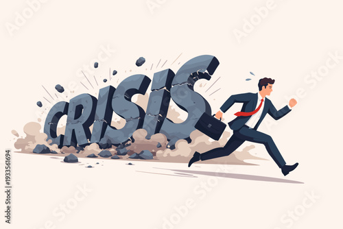 Businessman in Suit Running Away from a Giant Crumbling Stone Word Crisis, Concept of Crisis Management, Overcoming Business Challenges, Economic Downturn, and Financial Risk Management.