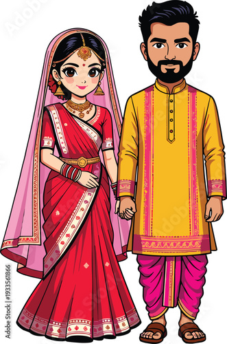 Vector illustration of a traditional Indian wedding couple wearing a red bridal saree and yellow sherwani for marriage ceremonies cultural celebrations and ethnic branding