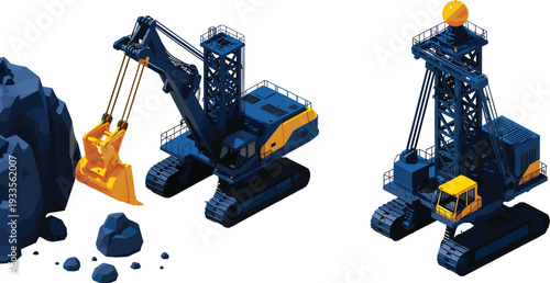 Vector illustration of heavy industrial mining equipment including a large power shovel excavator digging rocks and a mobile drilling rig for open pit mining