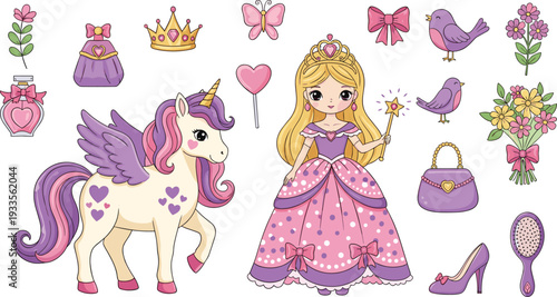 Vector illustration set of a cute blonde princess and a winged unicorn with purple accessories including crowns flowers perfume and birds for fairytale branding