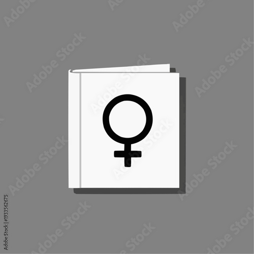 Book with female symbol on gray background representing women's empowerment and gender equality