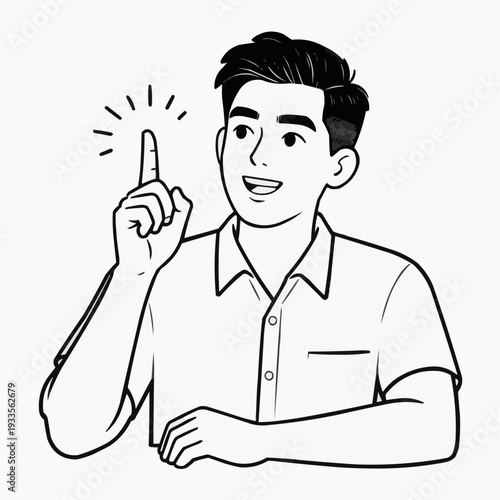 Young man having an idea, smiling, raising finger, on white background