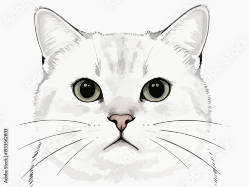 White cat portrait with curious expression on plain background