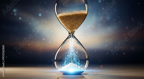 Glowing Hourglass with Sand Falling Slowly.