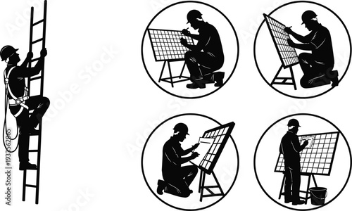 Construction worker silhouettes vector illustration, occupational safety harness, solar panel inspection, technical maintenance tasks, industrial labor design, professional workplace artwork