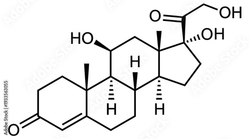 Scientific chemical molecule diagram of Cortisol hormone for endocrinology research and medical education concept