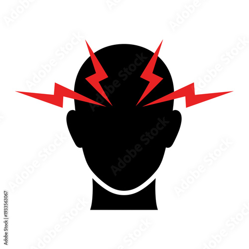 Stylized head silhouette with red lightning bolts representing acute headache and mental stress for migraine and high cortisol levels concept
