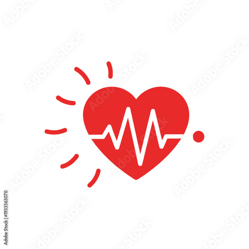 Red heart icon with a pulse line and motion rays for fast heartbeat, palpitations, and acute stress response concept