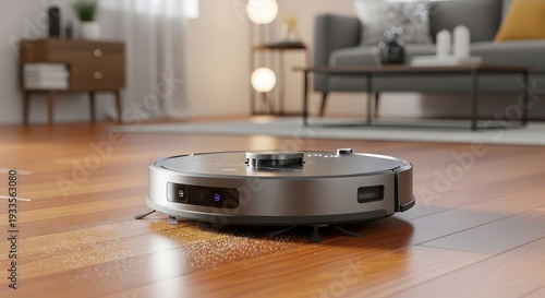 Robot Vacuum Cleaner on Wooden Floor.