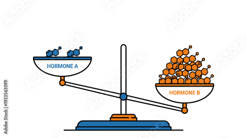 Flat vector illustration of a scale showing hormone imbalance with unequal weights for endocrine system disorder and stress concept