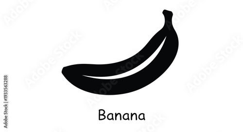 Simple black and white graphic icon depicting a curved banana fruit shape with the word banana underneath it