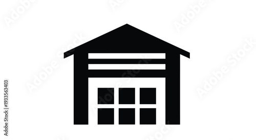 Simple black and white graphic icon representing a garage door or storage facility entrance with a gabled roof design
