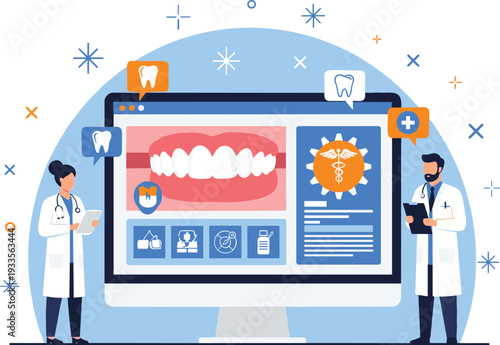 Flat vector illustration of male and female dentists standing by a large computer screen displaying dental health records