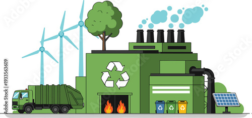 Green recycling facility illustration with wind turbines solar panels garbage truck and smoke stacks representing sustainable industrial processing