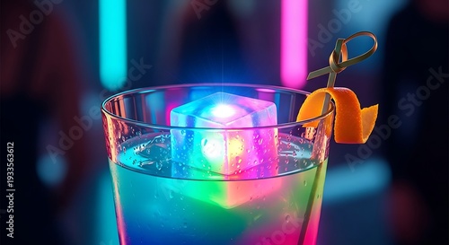 Glowing Cocktail with Neon Lights and Garnish.