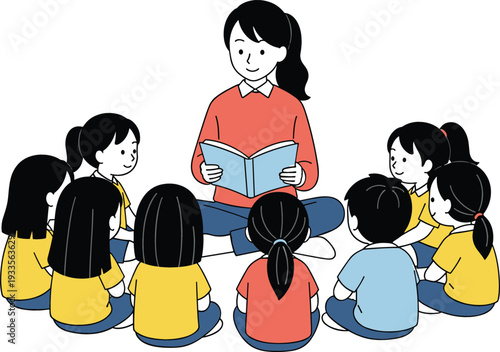 Illustration of a female teacher sitting on the floor reading a book to a circle of diverse young students