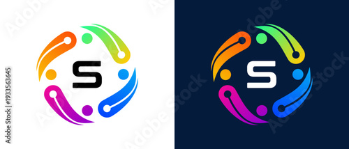 Modern letter “S” logo with a digital technology and connectivity concept Circular abstract design featuring vibrant gradient elements that symbolize innovation, collaboration