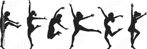WebDance silhouettes, expressive movement, dynamic poses, performing arts, graceful posture, modern choreography, artistic performance, vector illustration, black silhouette, isolated