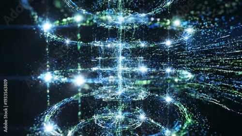 Abstract blue green particles moving fast on dark background