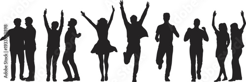 Group celebration silhouettes, joyful people, dynamic poses, expressive gestures, happiness theme, unity concept, achievement moment, vector illustration, black silhouette, isolated