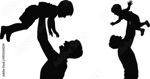 WebParent child silhouettes, lifting kids, playful bonding, family love, joyful interaction, parenting theme, vector illustration, black silhouette, isolated, happiness