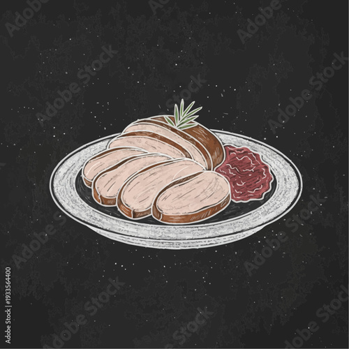 Roasted duck breast on a plate with sauce on a dark background