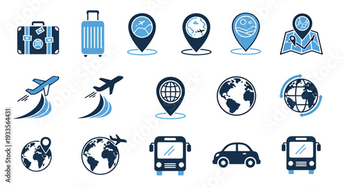 Collection of travel and transportation icons featuring luggage, maps, pins, aircraft, buses and cars for adventure and exploration.