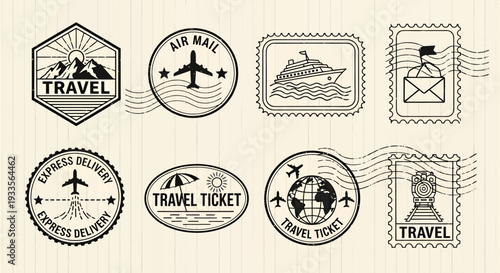 Diverse travel stamps and icons from airport to passport highlighting exploration and journey.