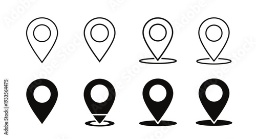 Set of location pin icons in outline and filled styles for maps and interfaces.