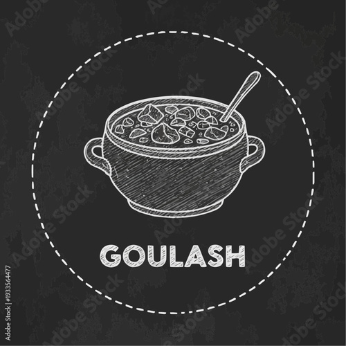 Goulash dish in a bowl sketch on a chalkboard background