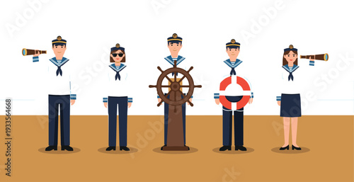 Maritime crew character set featuring sailors and officers with nautical equipment including ship wheel lifebuoy and telescope