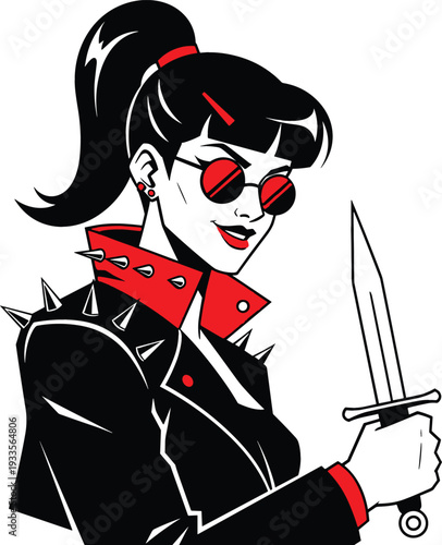 Edgy punk rock woman vector illustration with spiked leather jacket red sunglasses and holding a sharp dagger blade