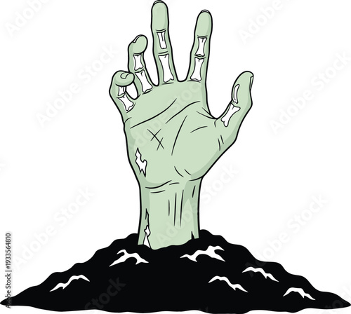 Green decaying zombie hand with visible bones rising from a dark dirt mound against a white background