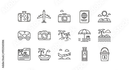 Collection of travel and tourism icons featuring luggage passport airplane camera and maps.