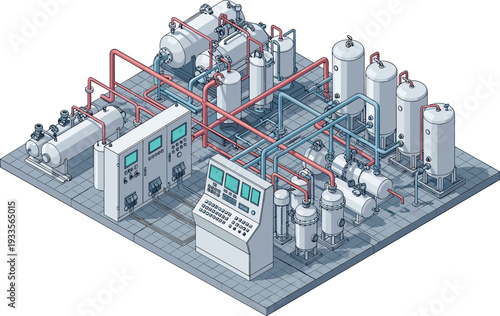 Isometric industrial factory interior with control panels gas tanks piping system and machinery for manufacturing or energy processing