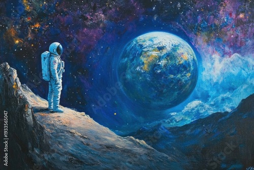 Astronaut exploring cosmic wonders outer space digital art celestial environment dramatic viewpoint
