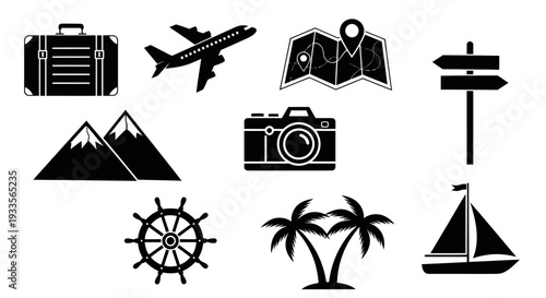 Collection of travel icons including suitcase, airplane, map, mountains, camera, signpost, ship wheel, palm trees and sailboat.