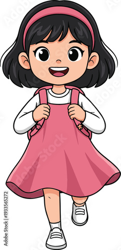 Cute happy schoolgirl character with black hair wearing a pink dress and backpack walking to school or education