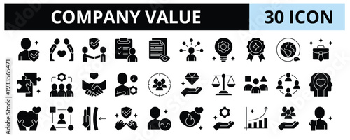 30 Company Value Glyph Icons Vector - Trust, Transparency, Sustainability, Partnership, Profitability, Productivity