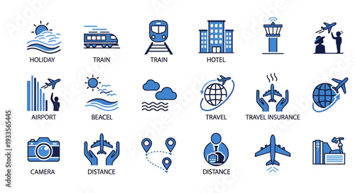 Collection of blue travel and transportation icons for itinerary design.