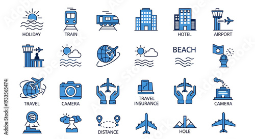 Collection of blue travel and landmarks icons for destinations and tourism.