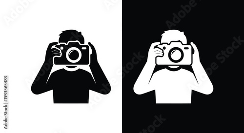 Vector Illustration of Silhouette Photographer Taking Pictures in Black and White
