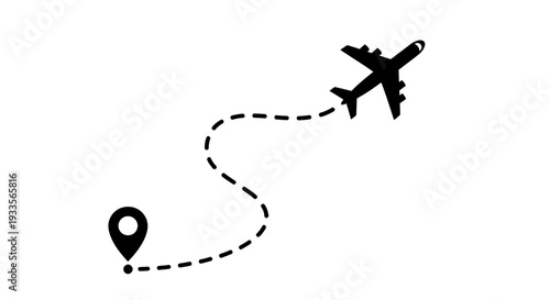 Airplane Travel Route Illustration Showing Dotted Path Toward a Pin and Destination.