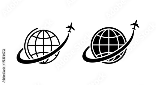 Global travel concept featuring two globes with airplanes circling the world and dynamic motion.