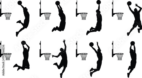 PrintBasketball player silhouettes, slam dunk action, hoop illustration, sports graphic design, athletic motion, dynamic pose, competitive game art, basketball icon